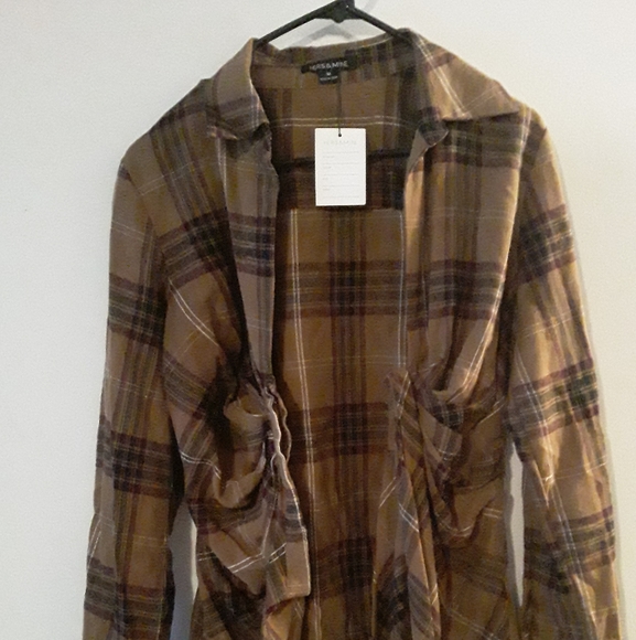 Hers&Mine Womens Plaid ButtonUp Shirt TieUp Waist - Picture 2 of 16